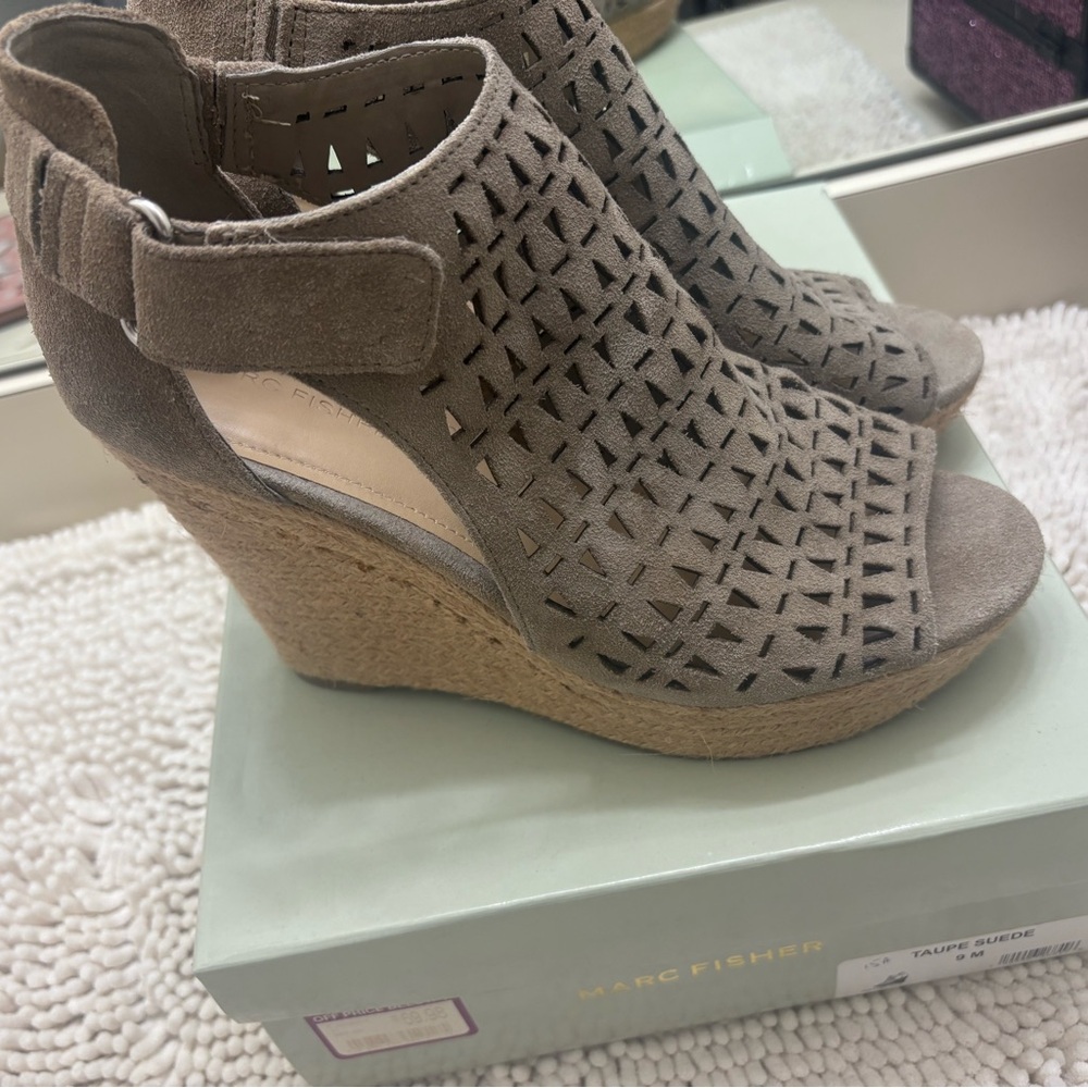 Marc Fisher Perforated Taupe Wedges